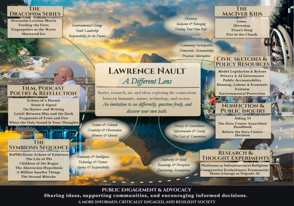 Photographic mind map titled “Lawrence Nault — A Different Lens,” featuring mountains, forests, waterfalls, people, and technological infrastructure. Connecting paths link seven areas of work: the Draconim Series, MacIver Kids Adventures, the Symbiosis Sequence, nonfiction, research and thought experiments, civic policy, and film, podcast, poetry, and reflection. The map highlights shared themes of nature, inclusion, technology, human agency, and independent thought, with public engagement and advocacy forming its foundation.